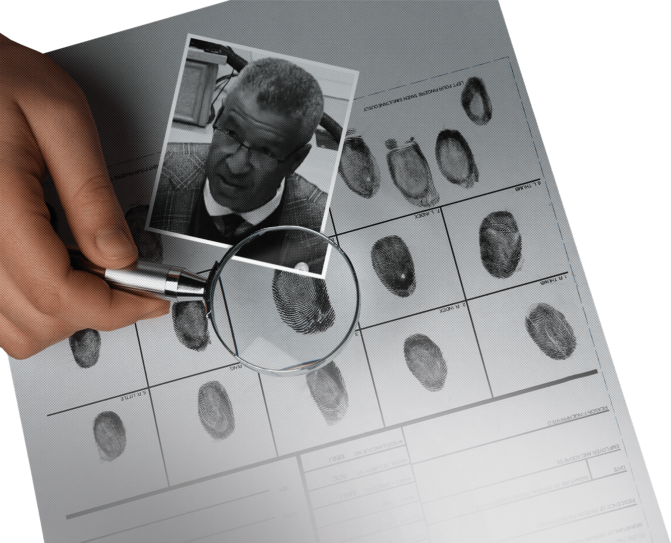 Magnifying glass looking over Tony Exum headshot and criminal fingerprints